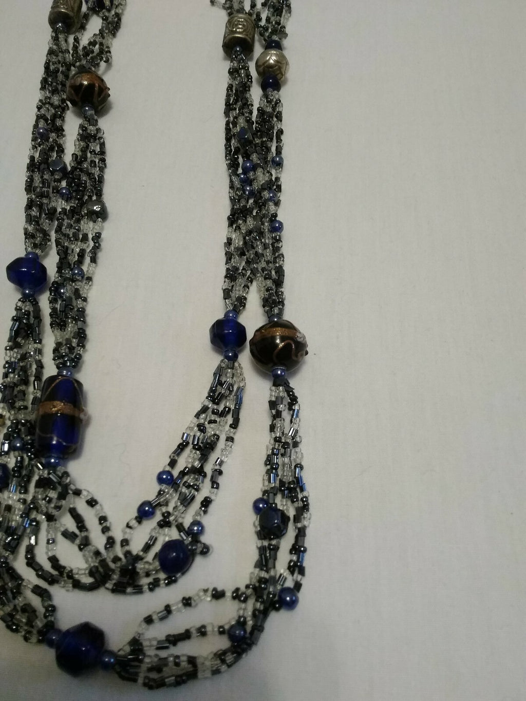 5 Strand Bead Necklace Blue & Clear Beads Ceramic & Metal beads