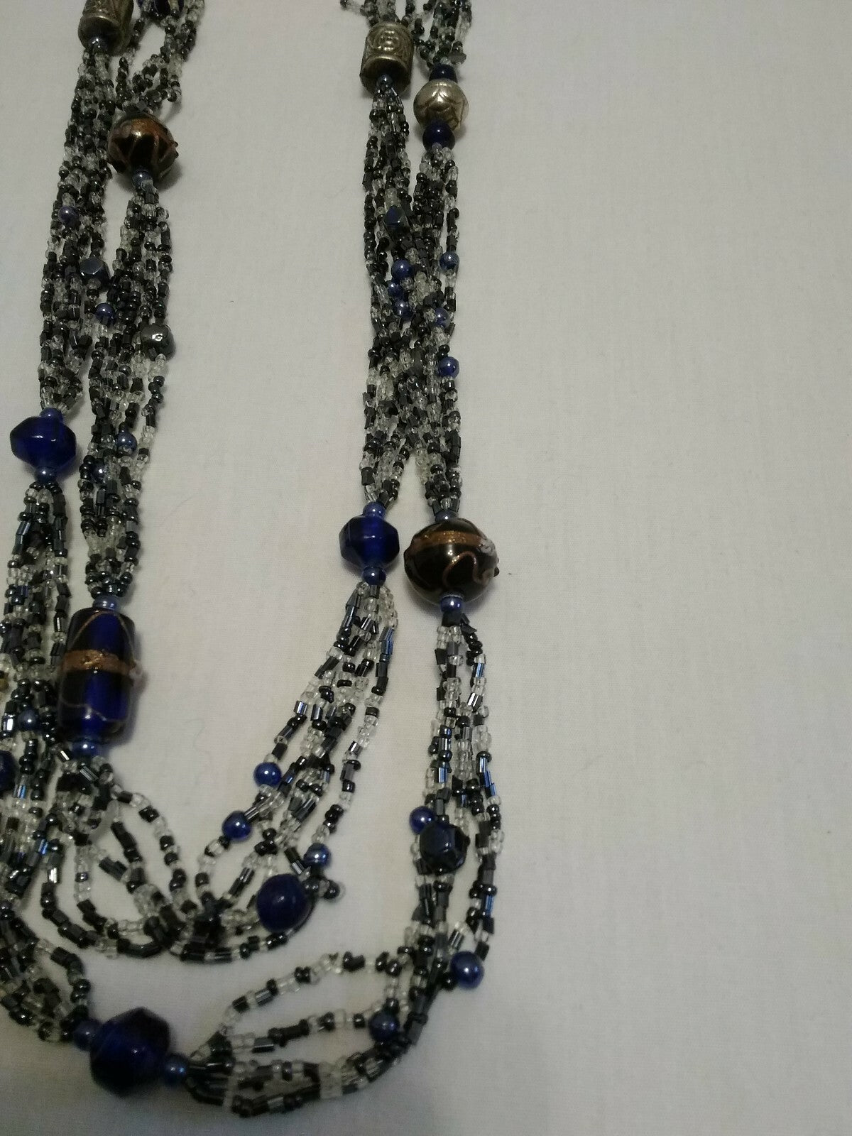 5 Strand Bead Necklace Blue & Clear Beads Ceramic & Metal beads