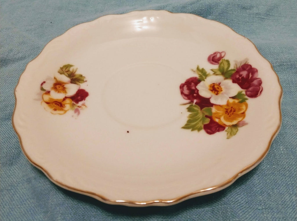 Vintage Porcelain Saucer Floral Pattern Silver Scalloped Trim