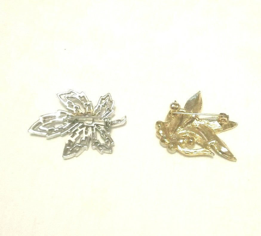 Vintage Sterling Silver Maple Leaf Gold Plated Lear Faux Pearl Brooches