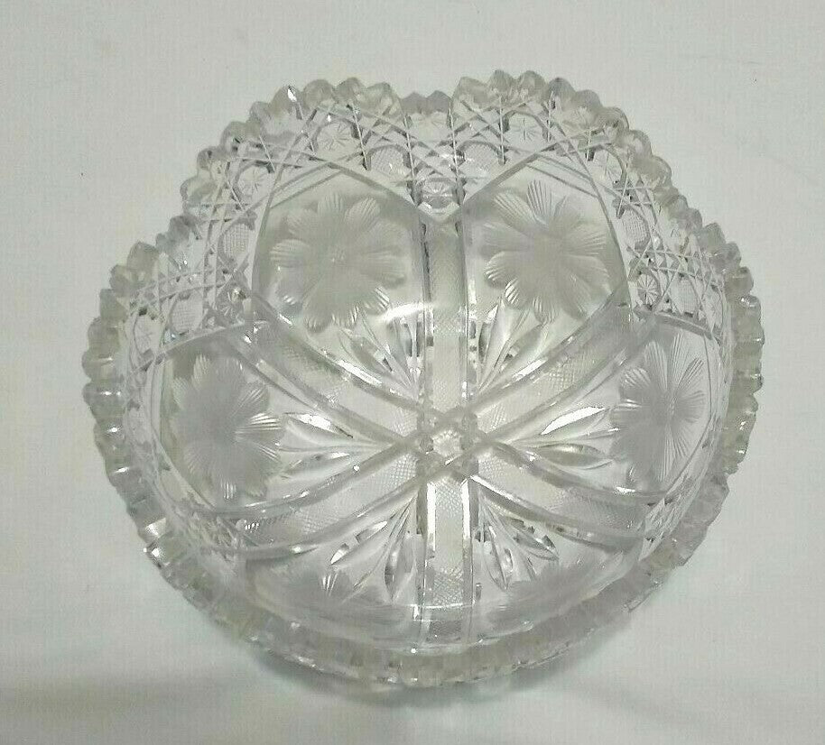 Vintage Glass Crystal Bowl Etched Flowers Cut Glass Heavy