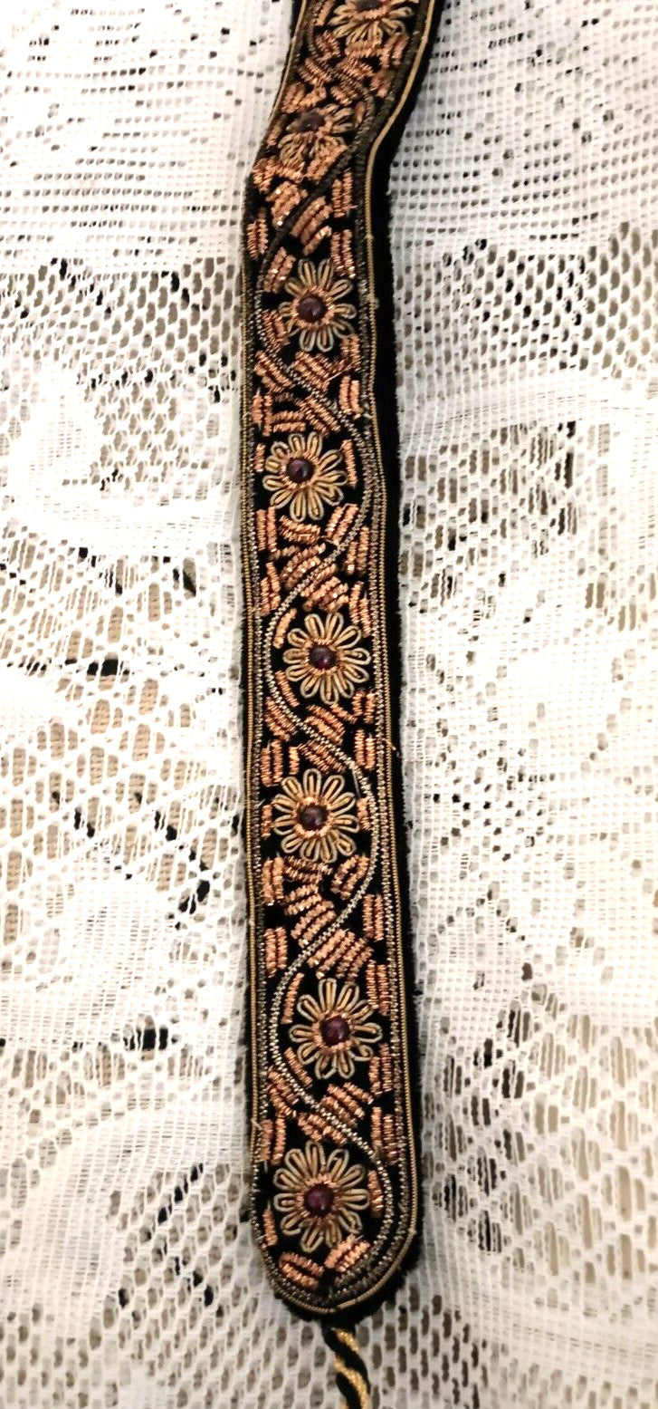 Vintage Indian Gold Metallic Embroidered Velvet Belt with Semi Precious Stones