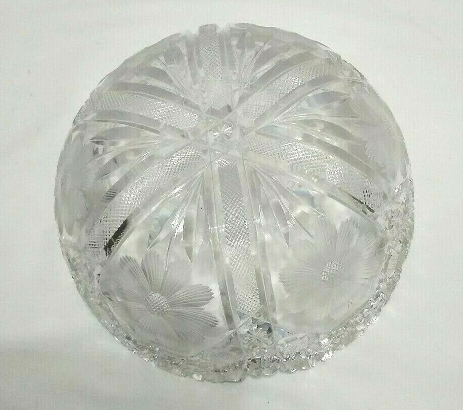 Vintage Glass Crystal Bowl Etched Flowers Cut Glass Heavy
