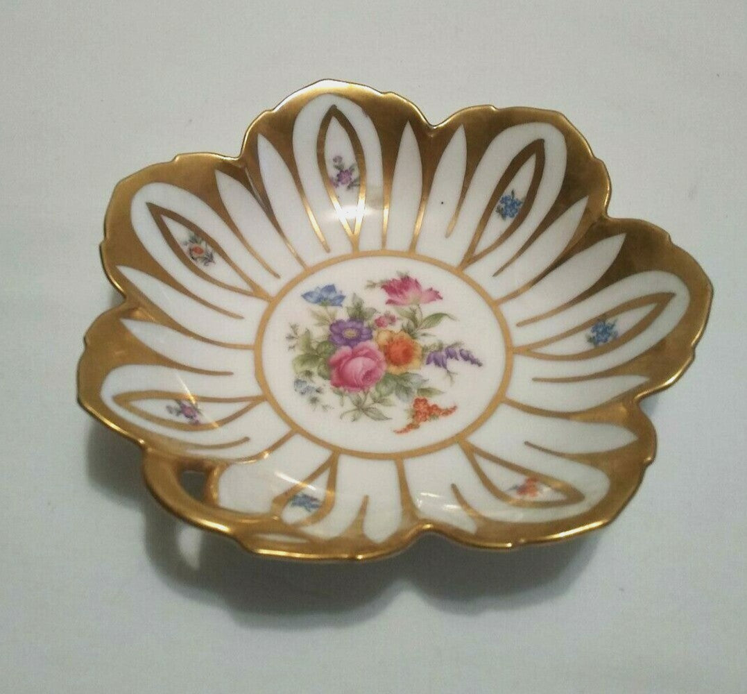 Porcelain Candy Dish with Multi Color Flowers Gold Trim