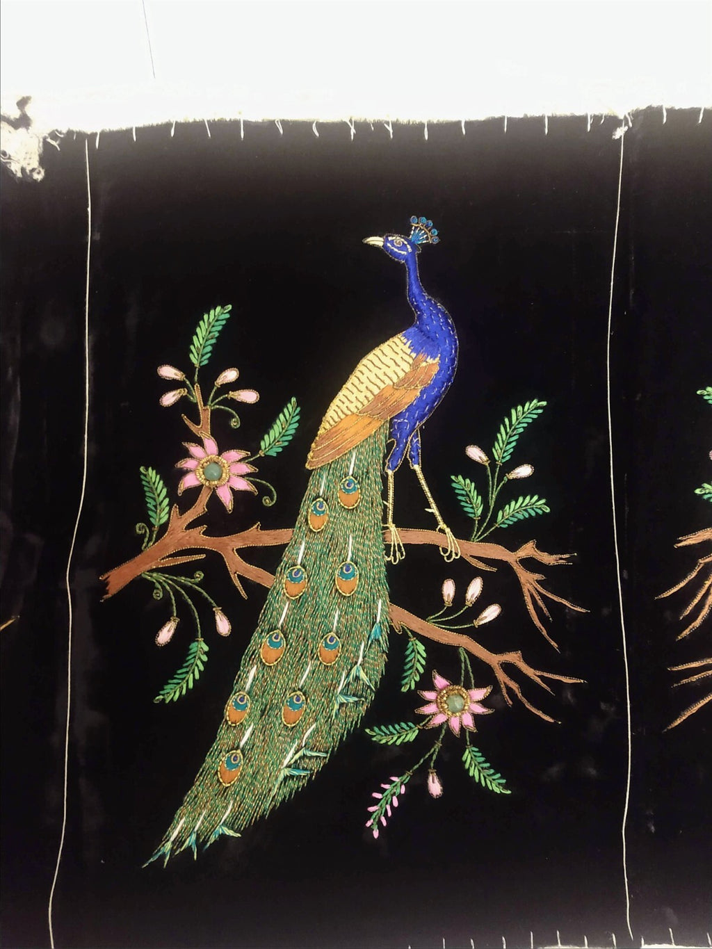 Vintage Picture Black Velvet Crewel Peacock Unframed