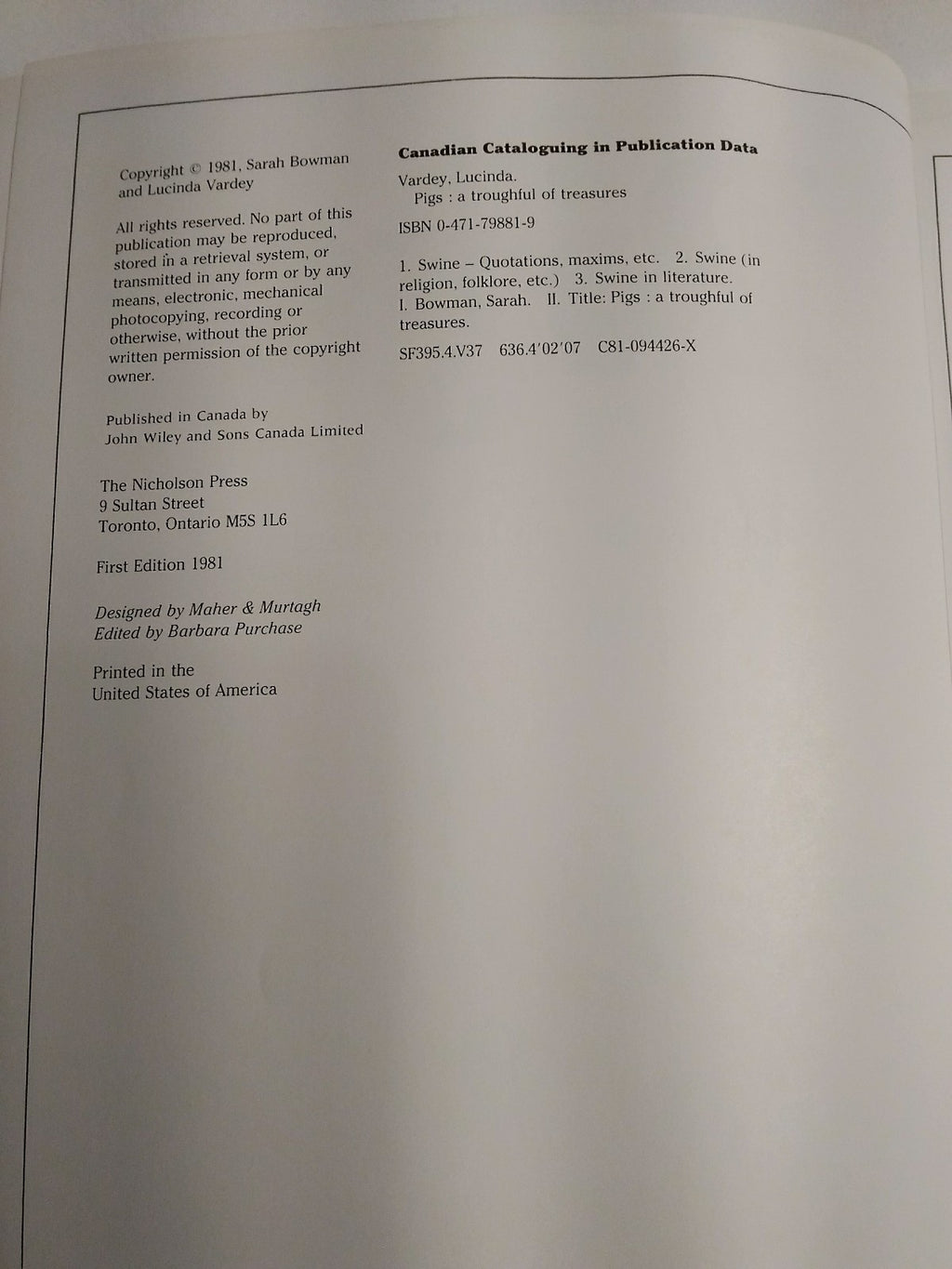 PIGS Book-A Troughful of Treasures by Sarah Bowman & Lucinda Vardey First Editio