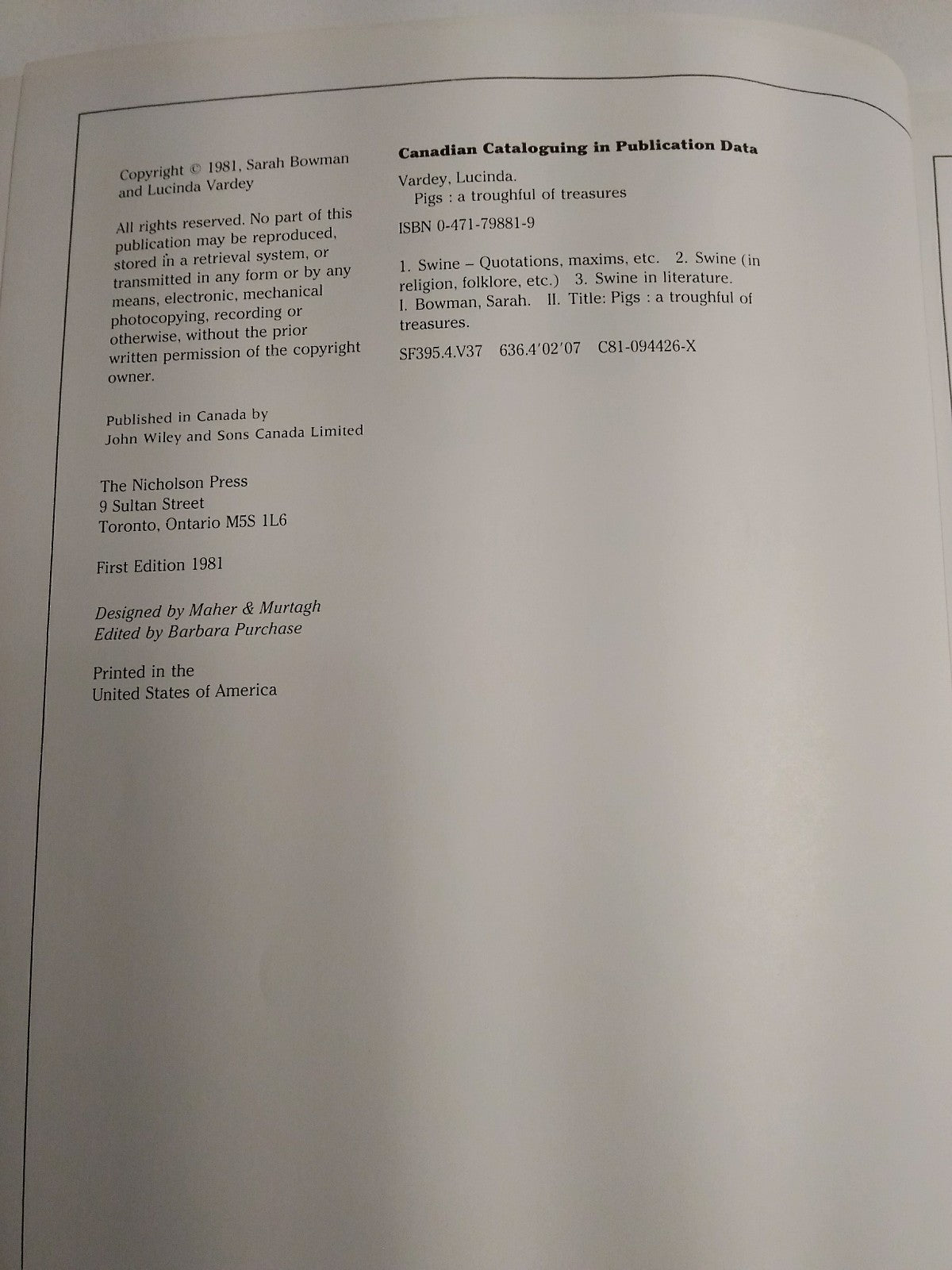 PIGS Book-A Troughful of Treasures by Sarah Bowman & Lucinda Vardey First Editio