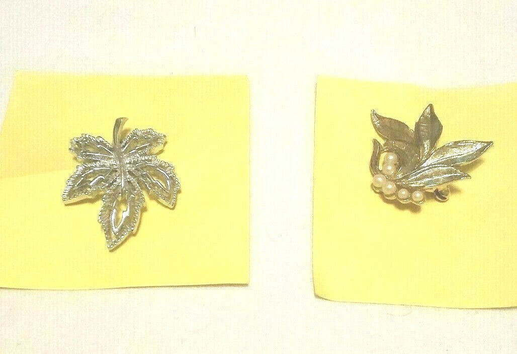 Vintage Sterling Silver Maple Leaf Gold Plated Lear Faux Pearl Brooches