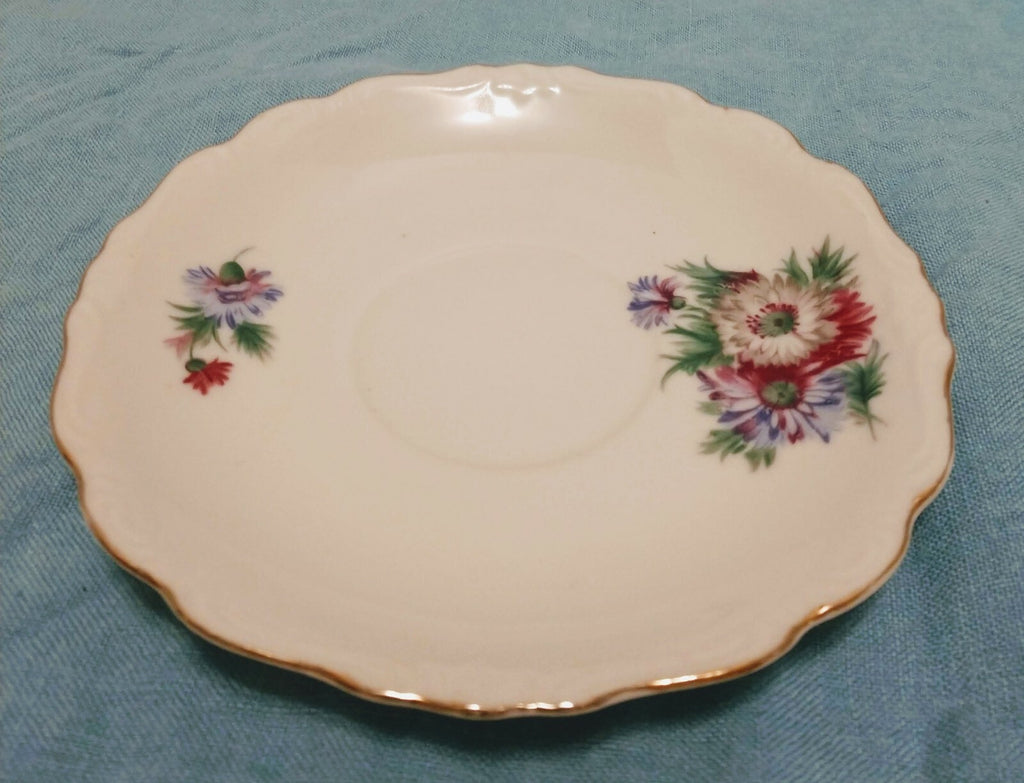 Vintage Porcelain Saucer Floral Pattern Silver Scalloped Trim