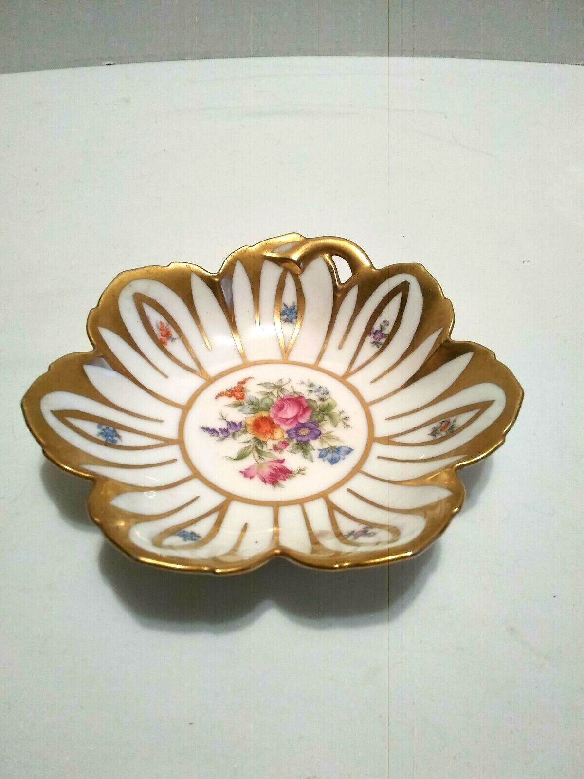 Porcelain Candy Dish with Multi Color Flowers Gold Trim