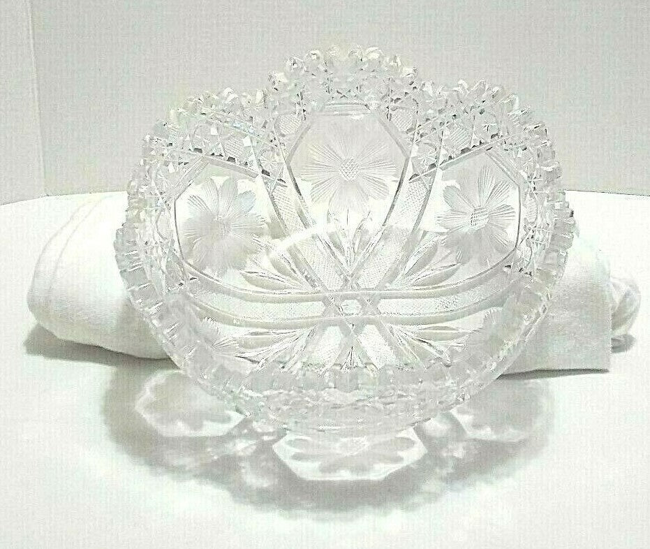 Vintage Glass Crystal Bowl Etched Flowers Cut Glass Heavy