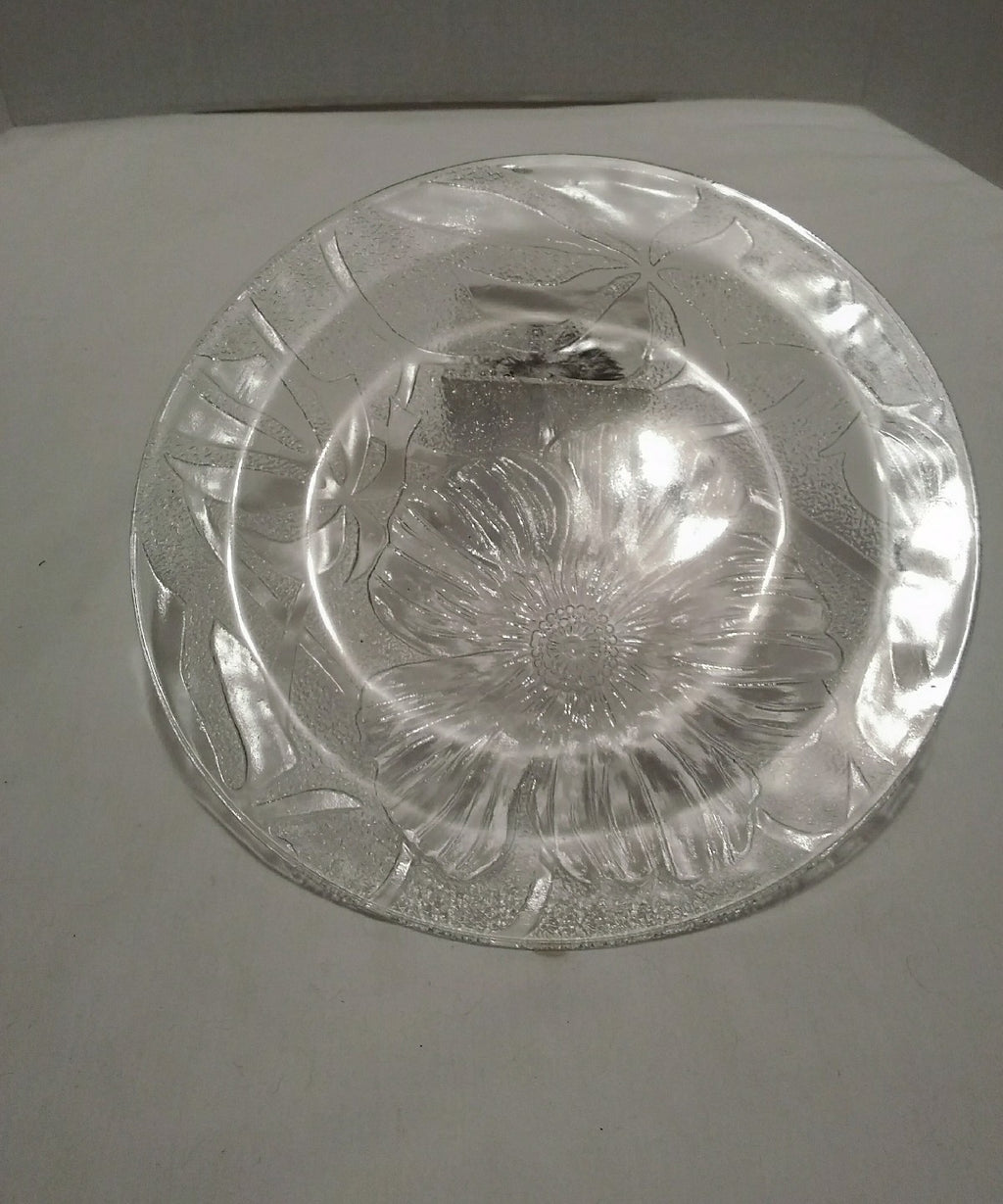 Clear Glass Round Serving Tray Plate with Etched Floral Design 10"