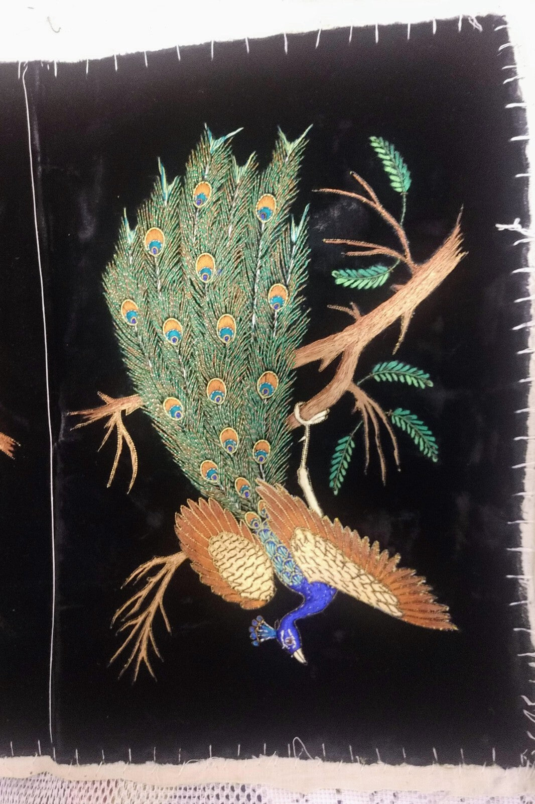 Vintage Picture Black Velvet Crewel Peacock Unframed