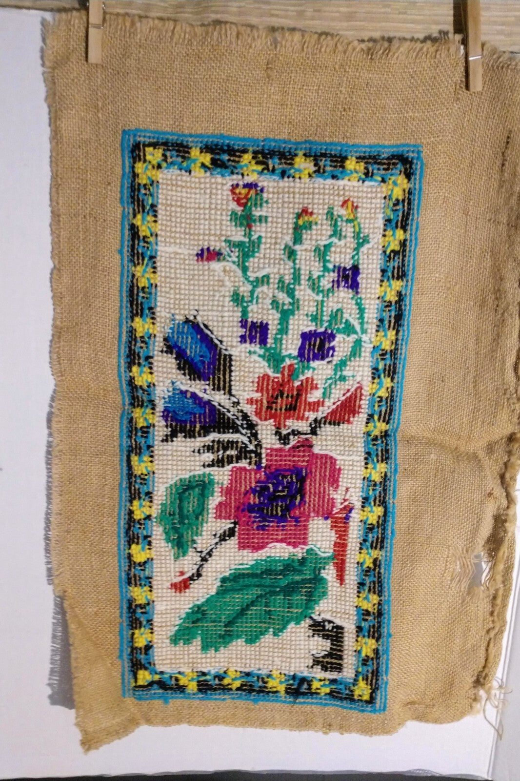 Antique Needlepoint Wall Hanging Unframed