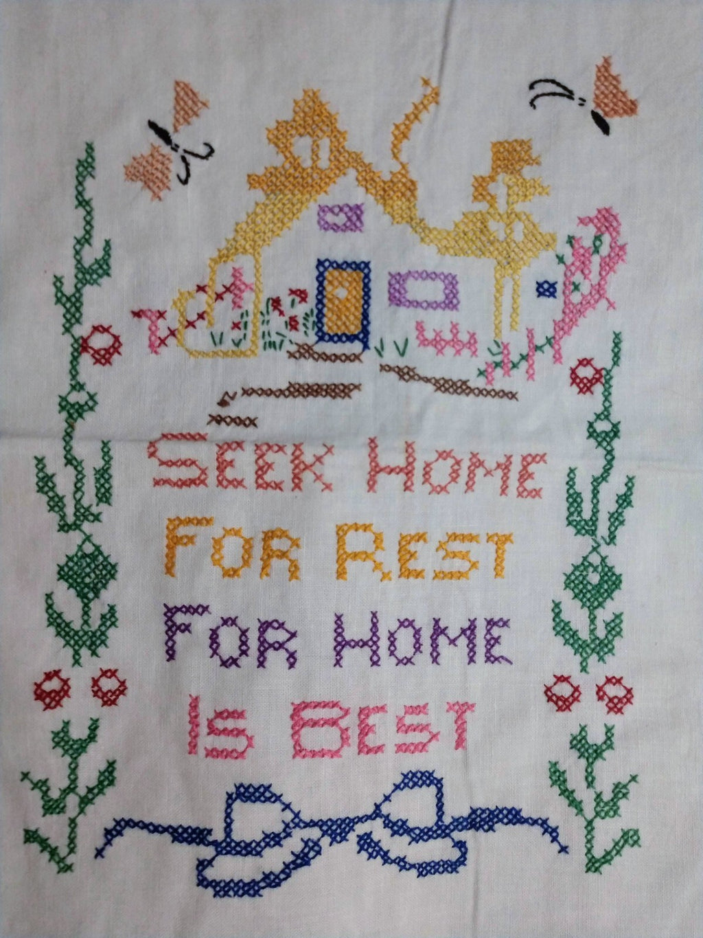 Vintage Embroidered Cross Stitch Unframed Seek Home Wall Hanging