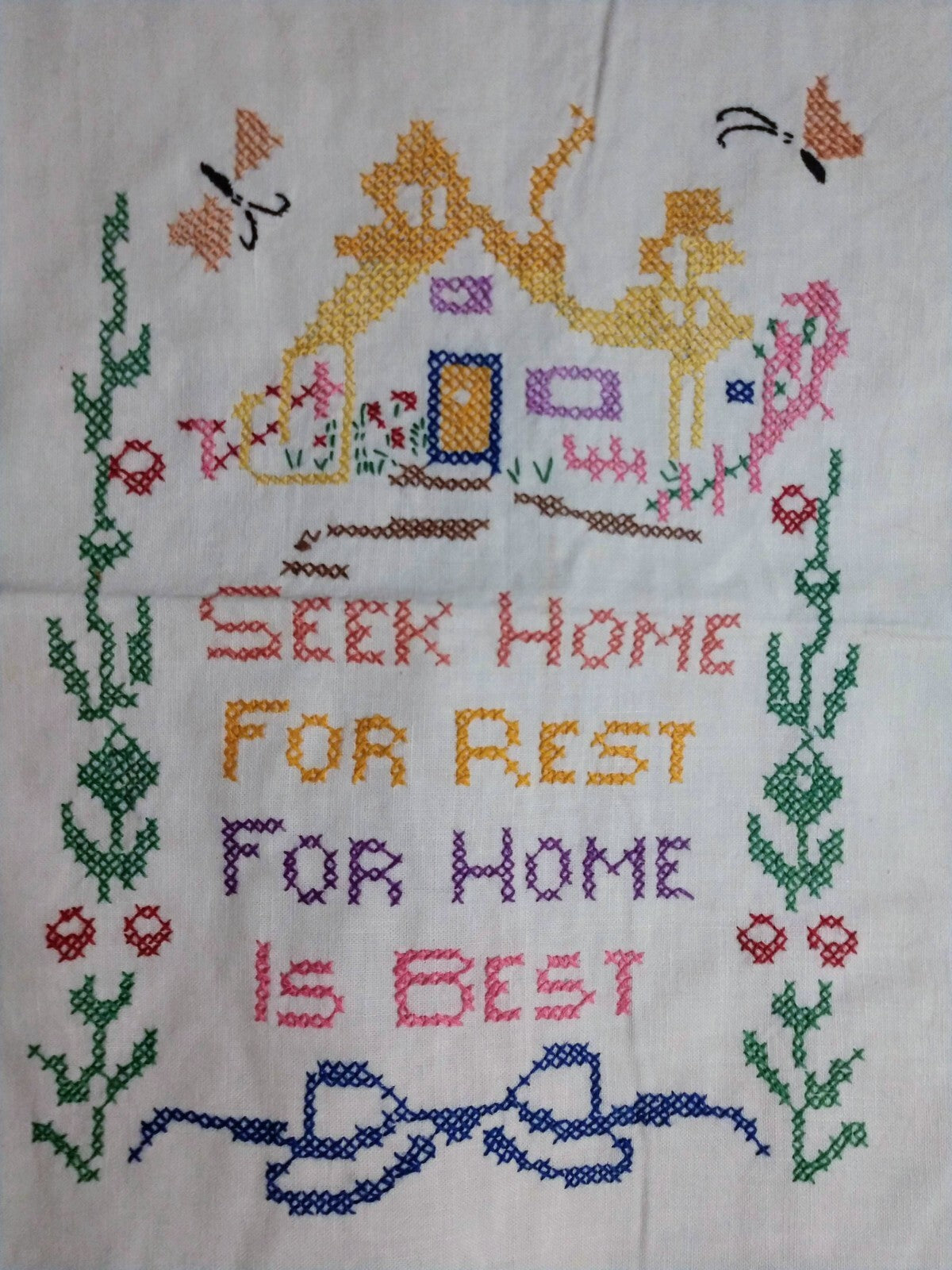Vintage Embroidered Cross Stitch Unframed Seek Home Wall Hanging