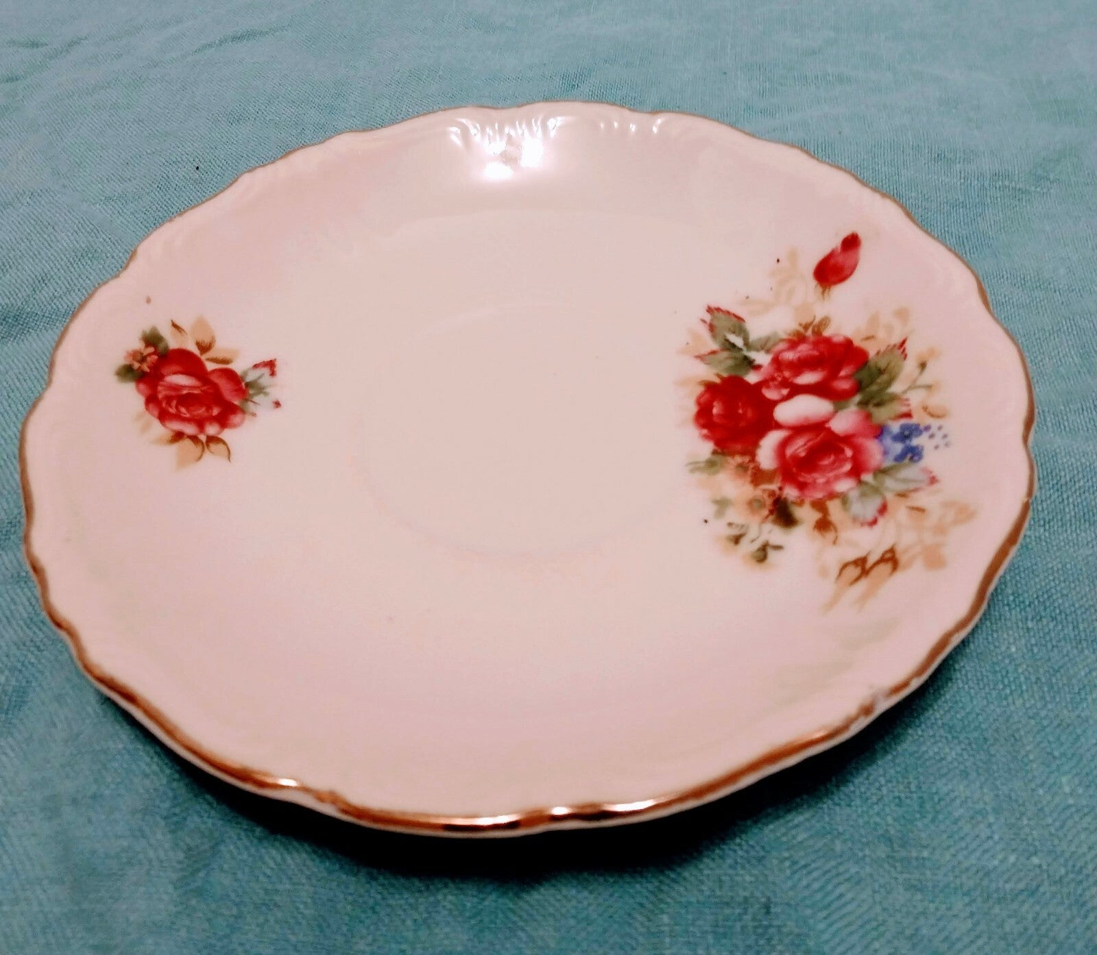 Vintage Porcelain Saucer Floral Pattern Silver Scalloped Trim