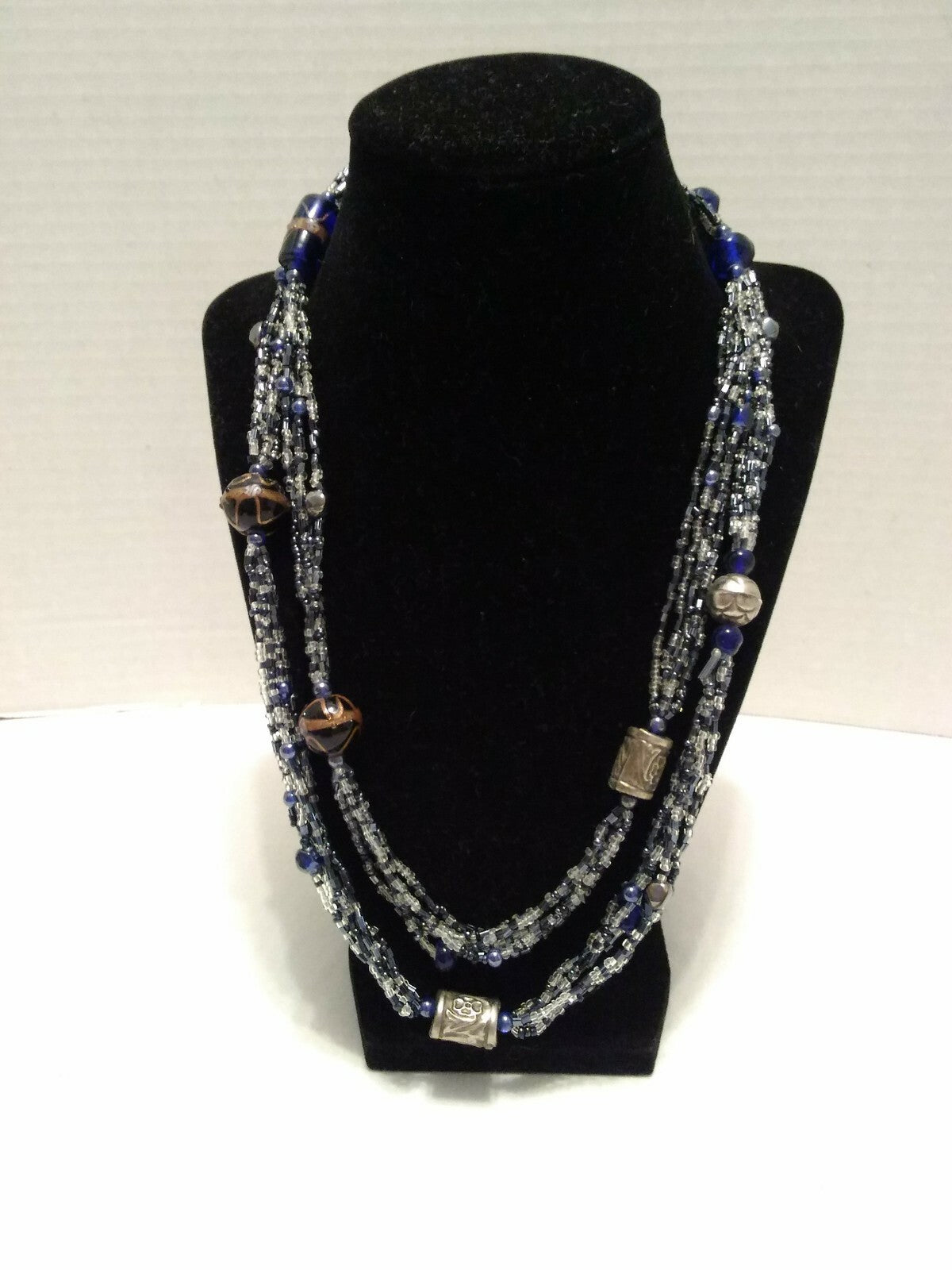 5 Strand Bead Necklace Blue & Clear Beads Ceramic & Metal beads