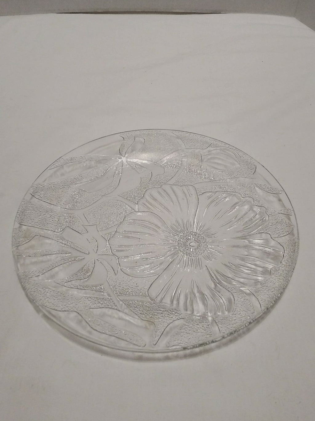 Clear Glass Round Serving Tray Plate with Etched Floral Design 10"