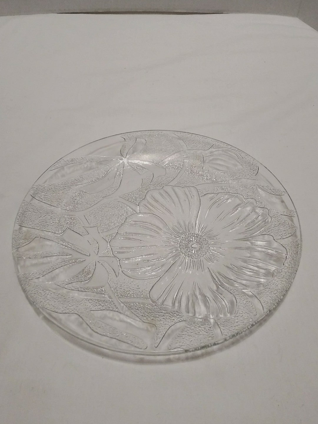 Clear Glass Round Serving Tray Plate with Etched Floral Design 10"