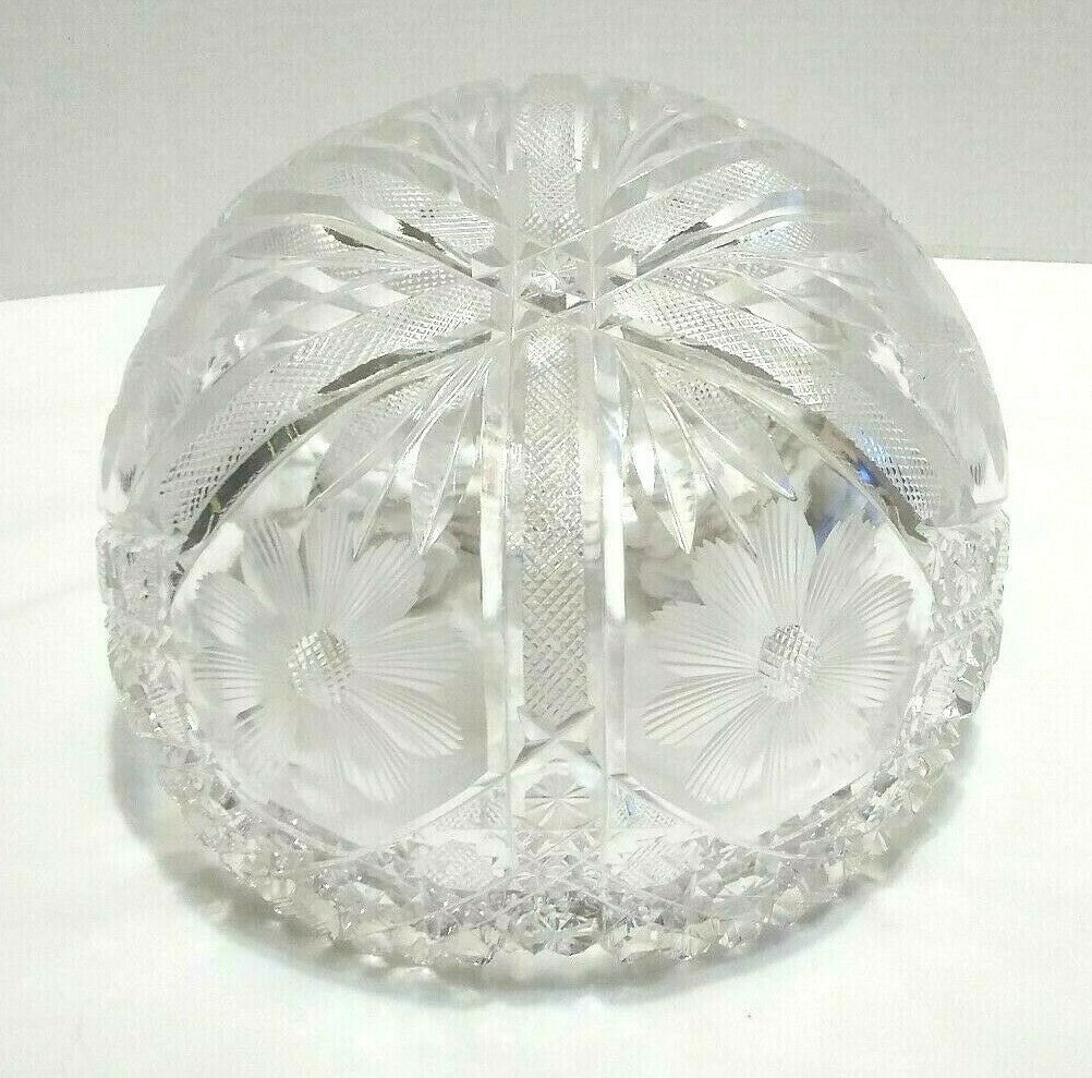 Vintage Glass Crystal Bowl Etched Flowers Cut Glass Heavy
