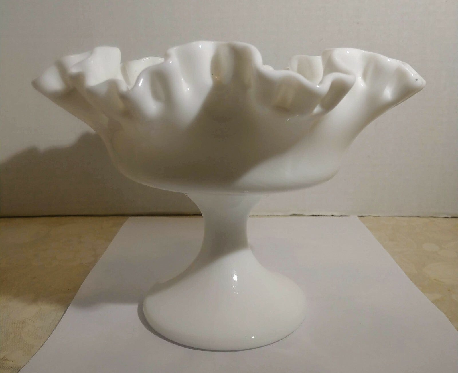 Vintage Milk Glass Candy Compote Dish On Pedestal Ruffled Edge