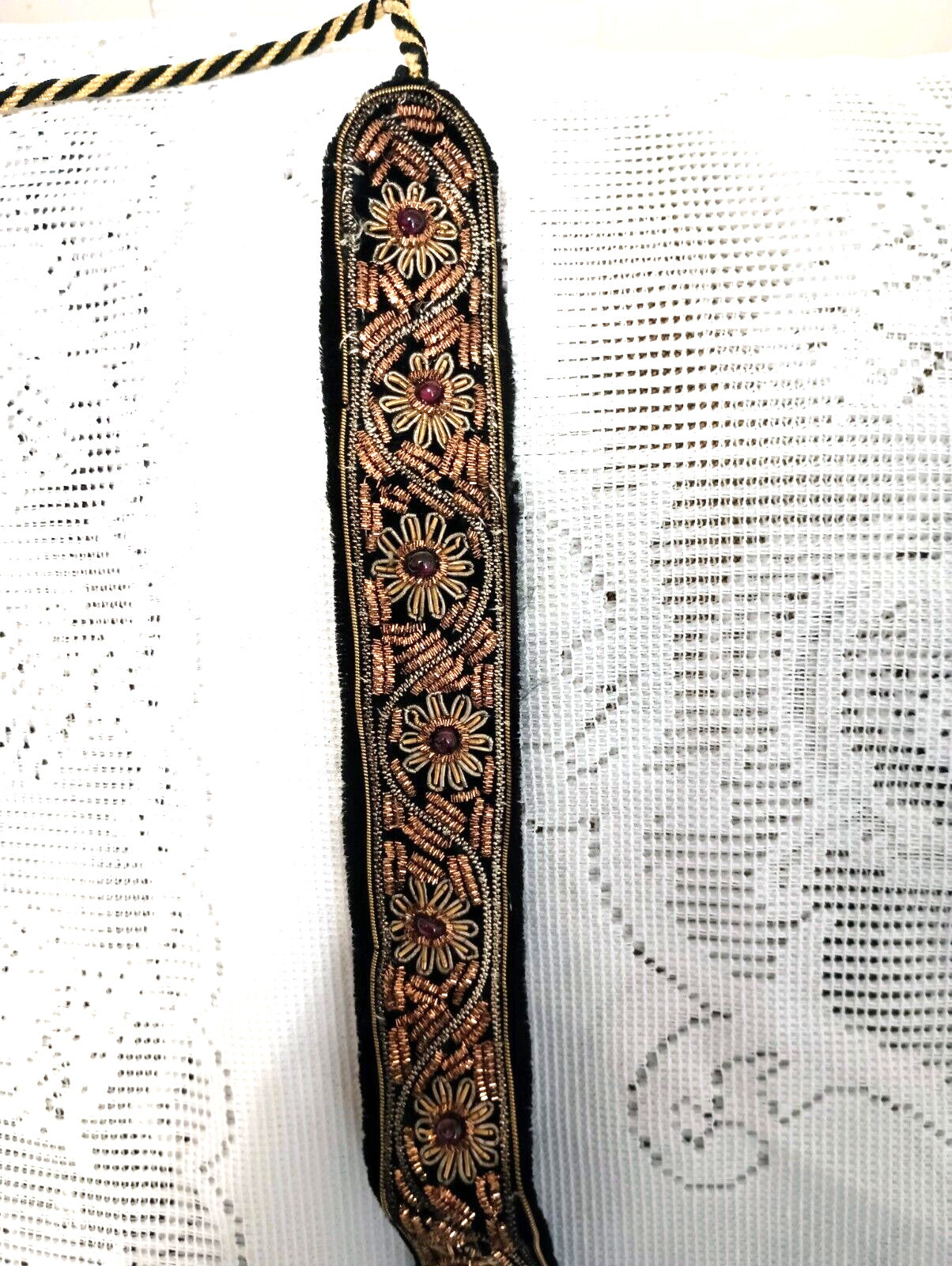 Vintage Indian Gold Metallic Embroidered Velvet Belt with Semi Precious Stones