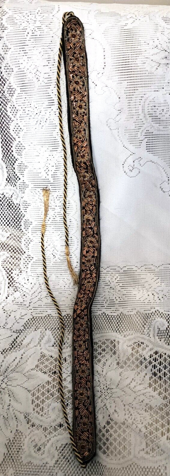 Vintage Indian Gold Metallic Embroidered Velvet Belt with Semi Precious Stones