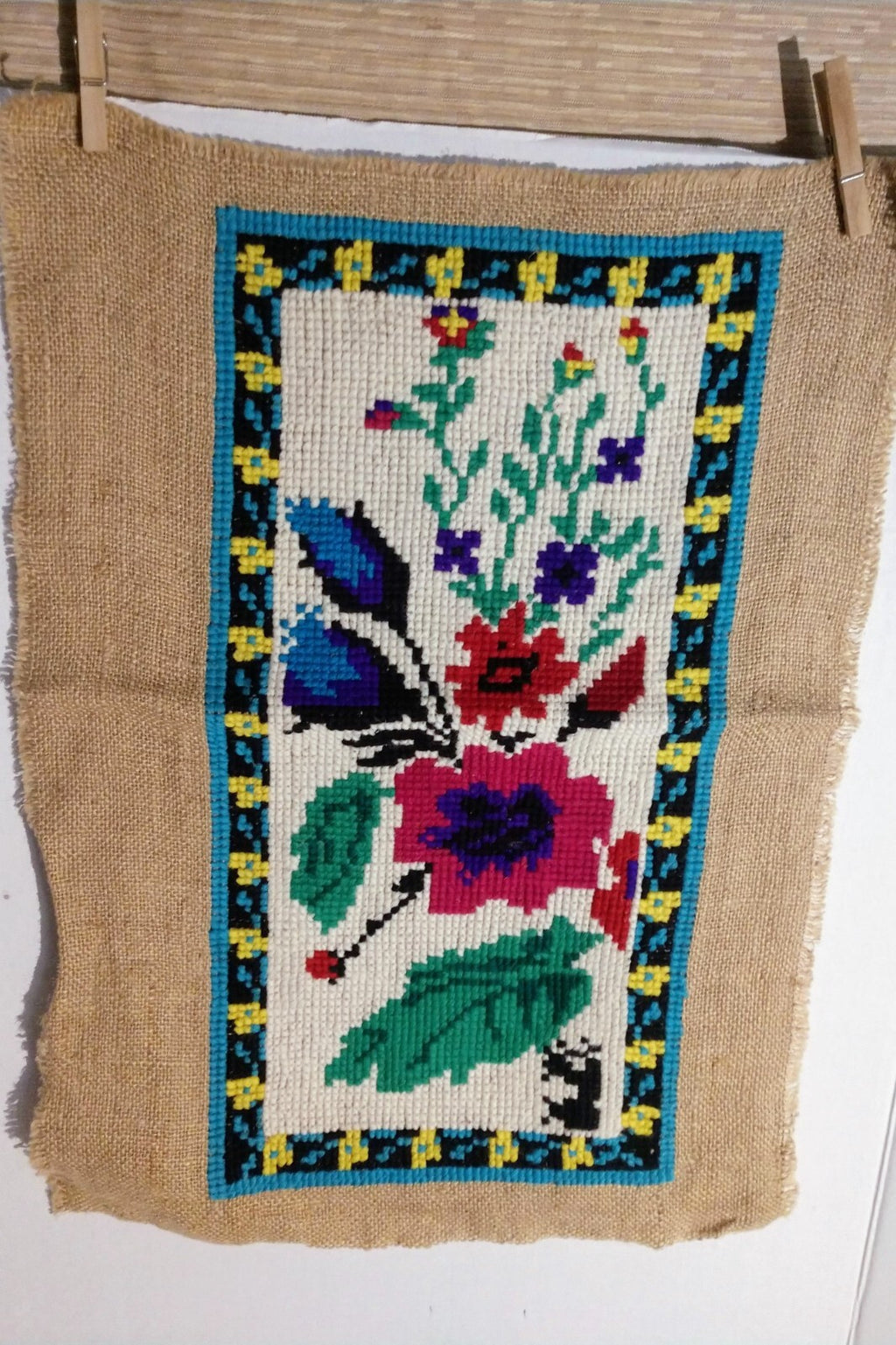 Antique Needlepoint Wall Hanging Unframed