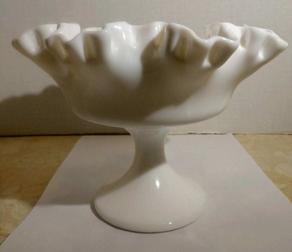 Vintage Milk Glass Candy Compote Dish On Pedestal Ruffled Edge