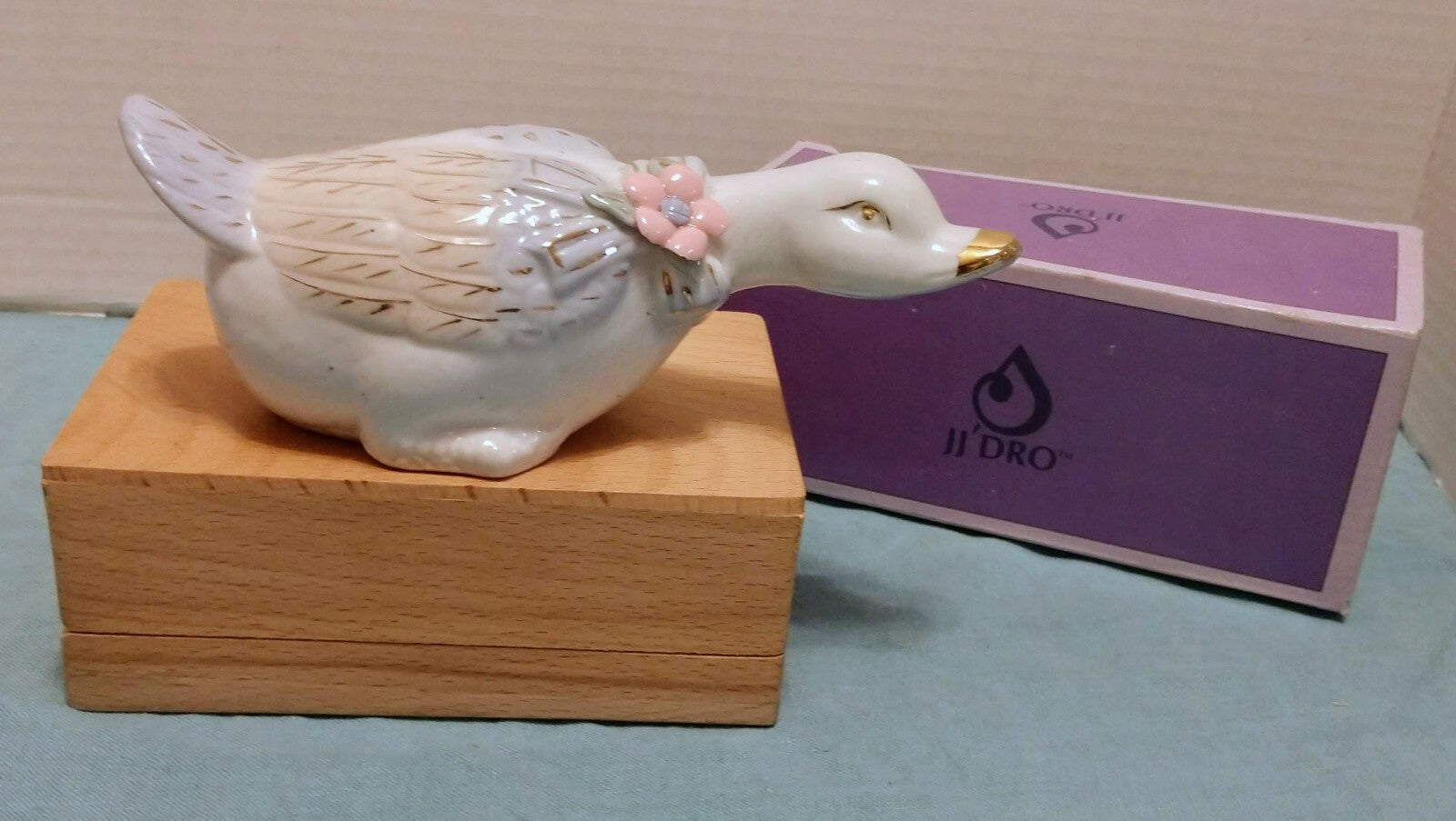 Vintage Art Deco Porcelain Duck, Gold Trim Flower and Scarf around neck