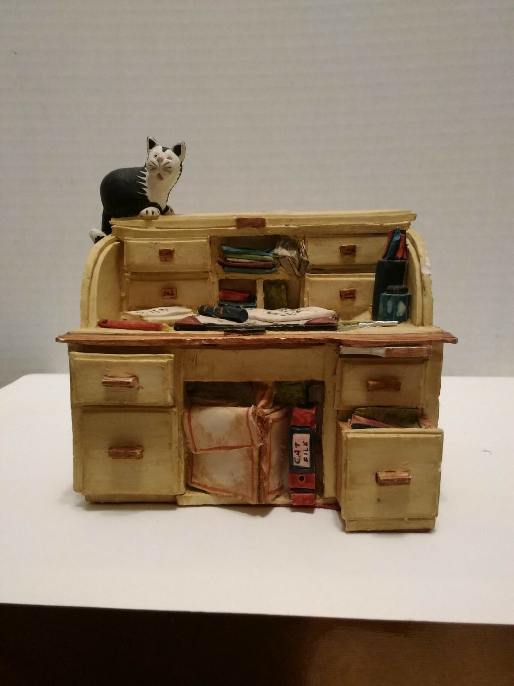 Miniature Ceramic Rolltop Desk With Cat