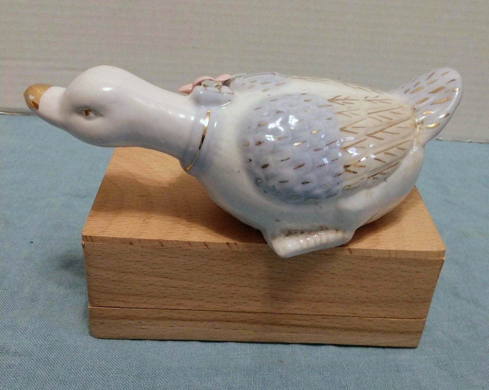 Vintage Art Deco Porcelain Duck, Gold Trim Flower and Scarf around neck