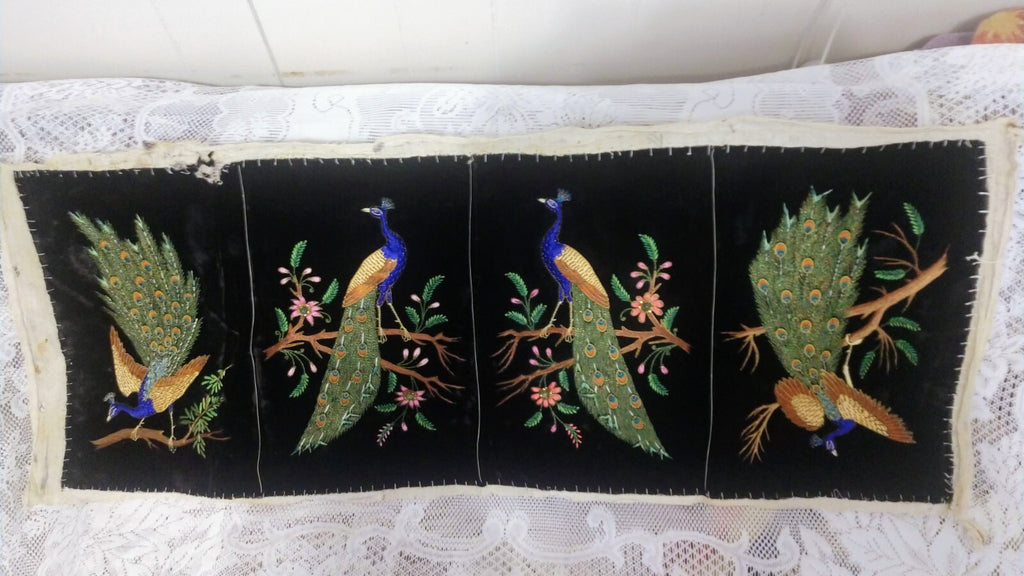 Vintage Picture Black Velvet Crewel Peacock Unframed