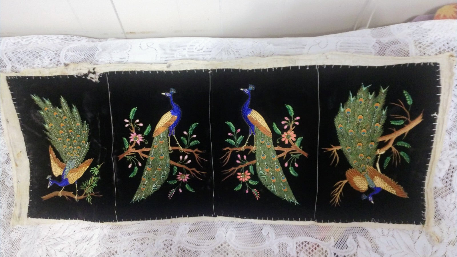 Vintage Picture Black Velvet Crewel Peacock Unframed