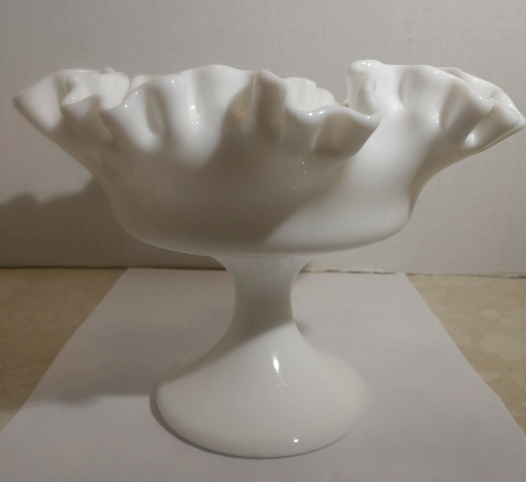 Vintage Milk Glass Candy Compote Dish On Pedestal Ruffled Edge