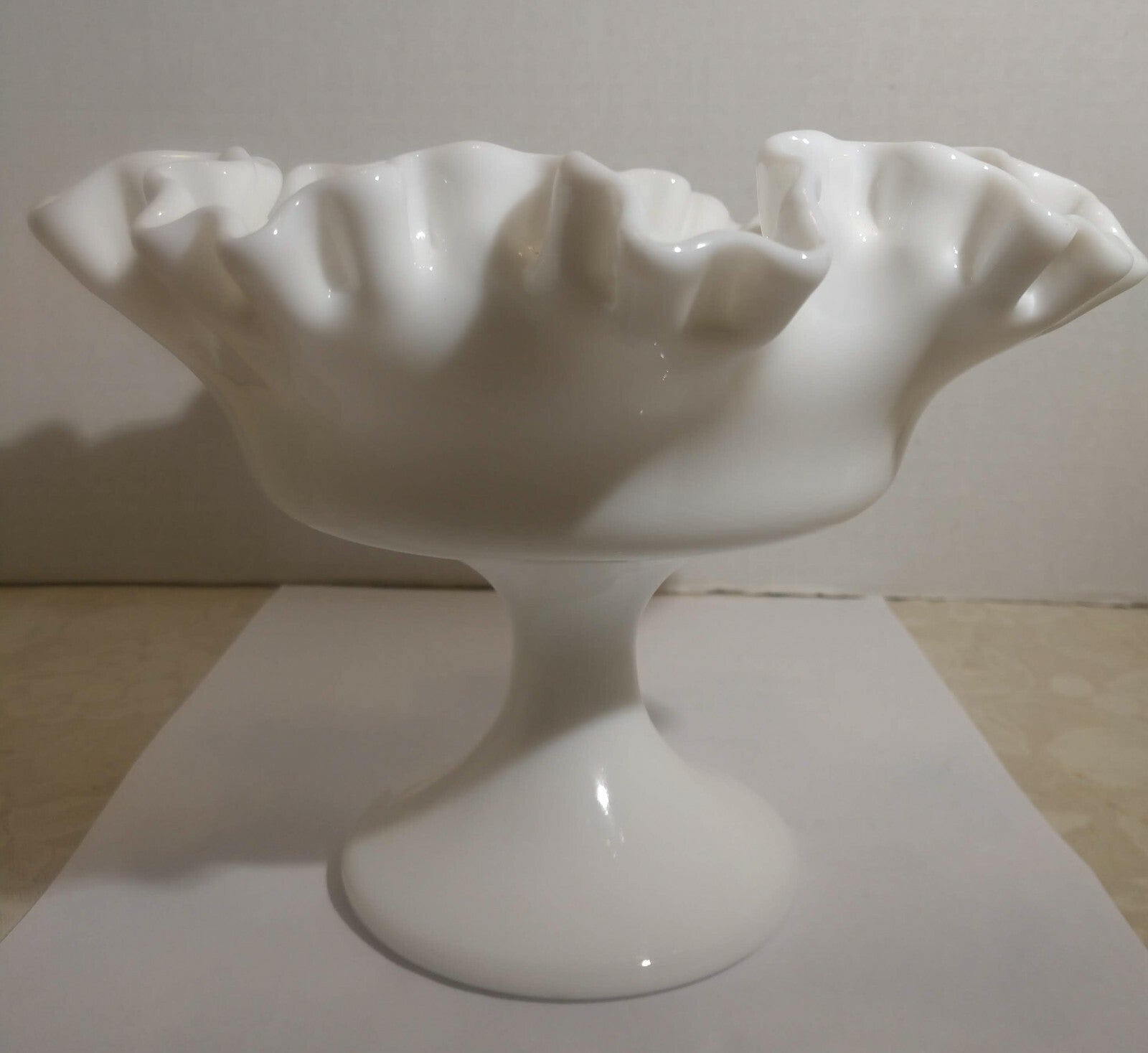 Vintage Milk Glass Candy Compote Dish On Pedestal Ruffled Edge