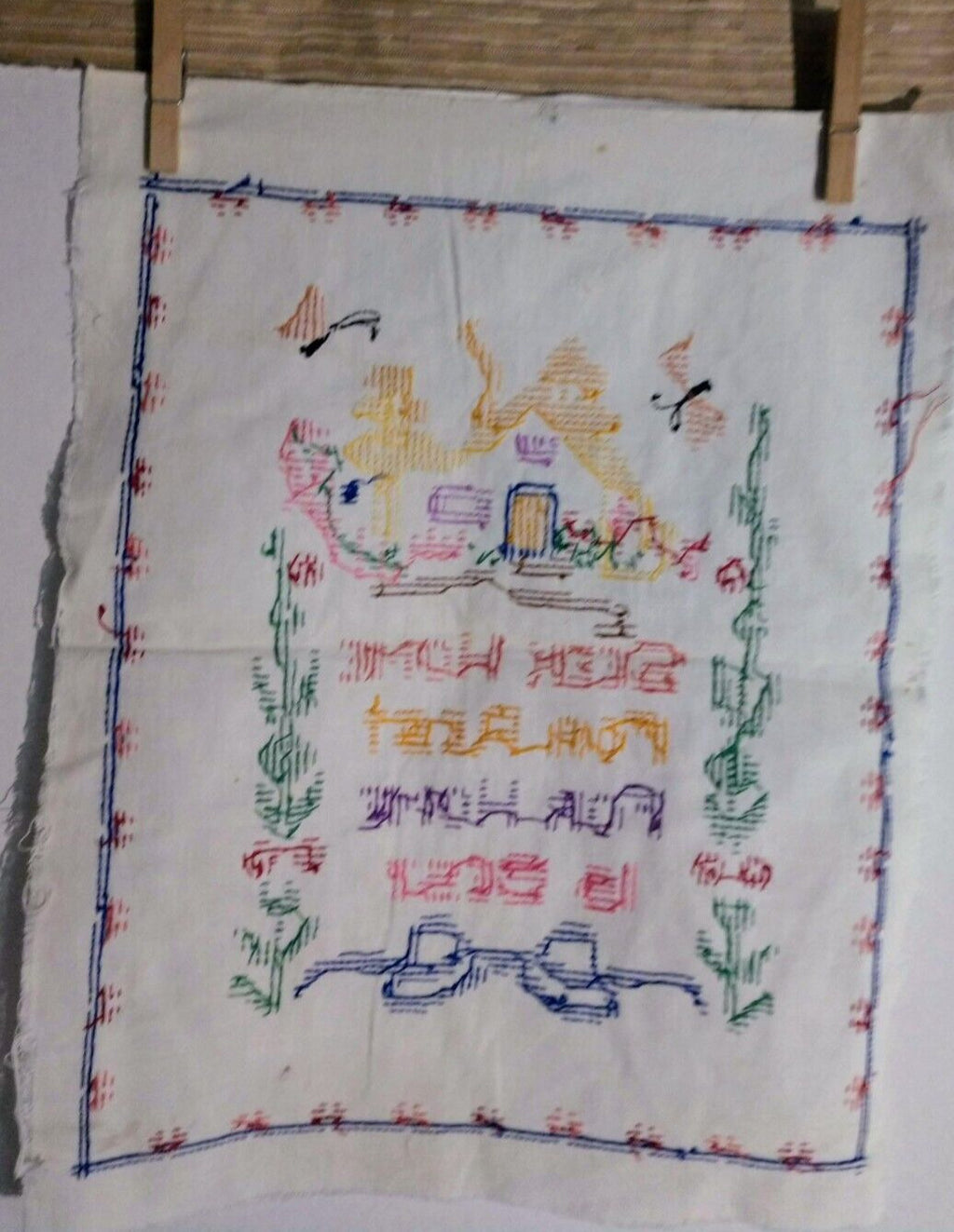 Vintage Embroidered Cross Stitch Unframed Seek Home Wall Hanging