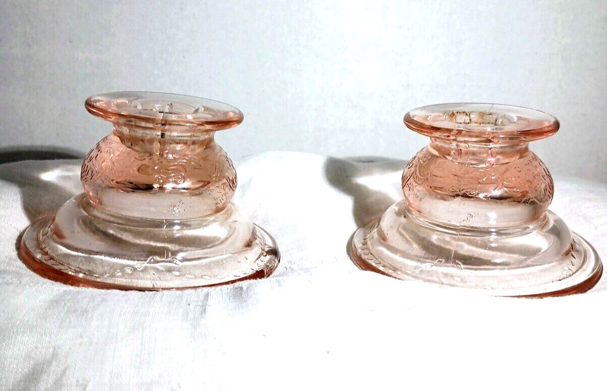 Vintage Pink Peach Depression Glass Candlestick Holders