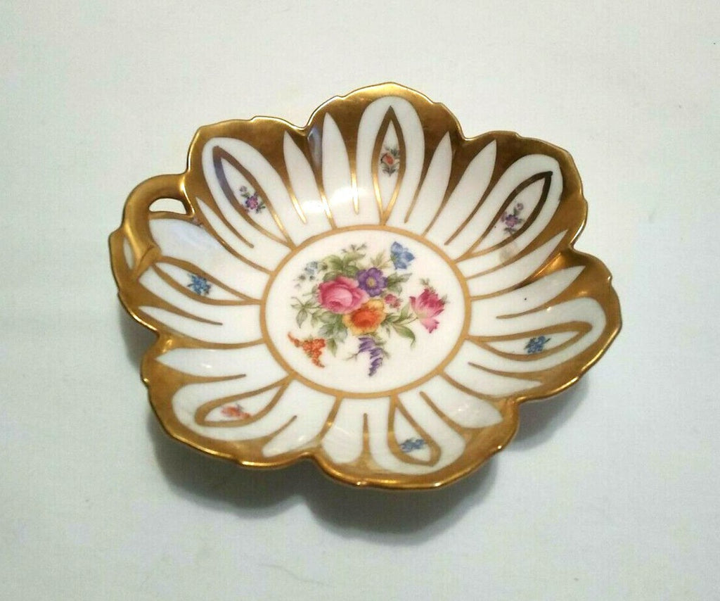 Porcelain Candy Dish with Multi Color Flowers Gold Trim