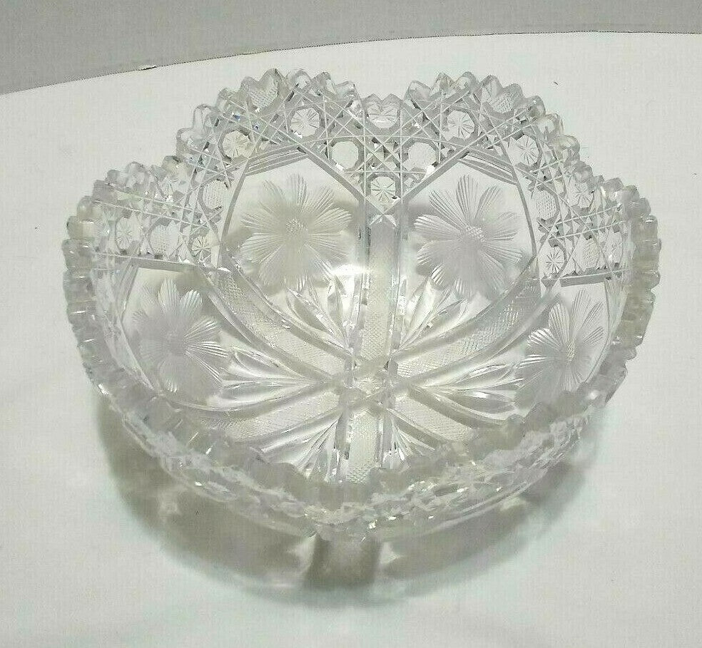 Vintage Glass Crystal Bowl Etched Flowers Cut Glass Heavy