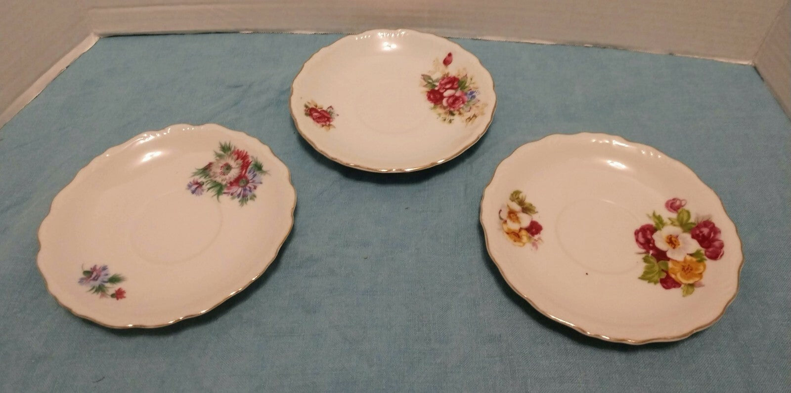 Vintage Porcelain Saucer Floral Pattern Silver Scalloped Trim