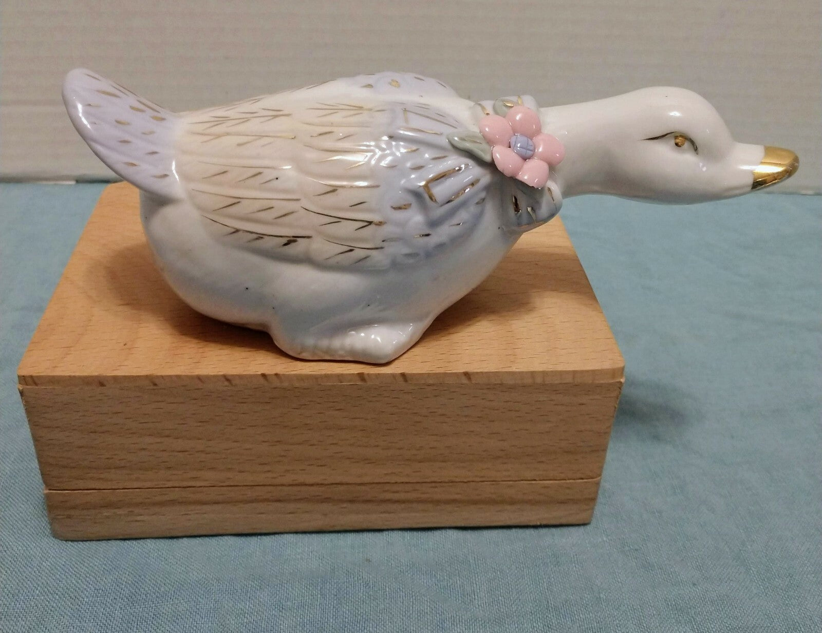 Vintage Art Deco Porcelain Duck, Gold Trim Flower and Scarf around neck