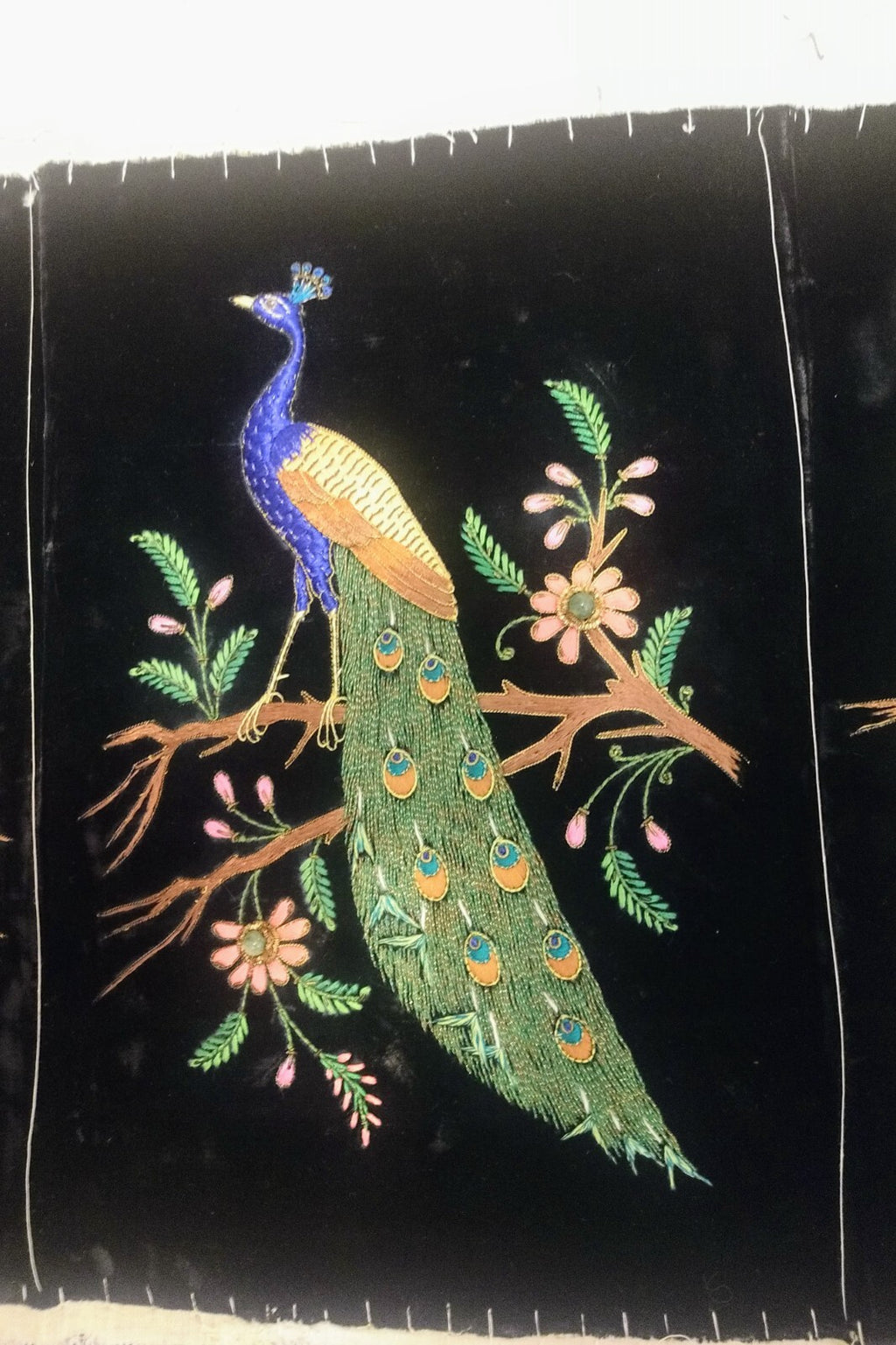 Vintage Picture Black Velvet Crewel Peacock Unframed