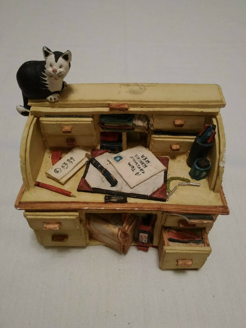 Miniature Ceramic Rolltop Desk With Cat