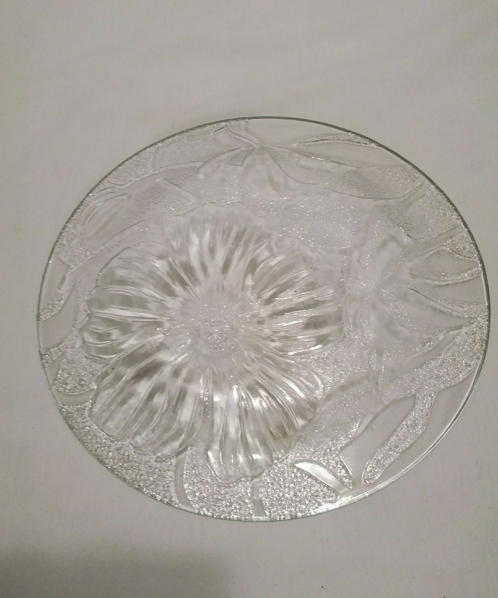 Clear Glass Round Serving Tray Plate with Etched Floral Design 10"