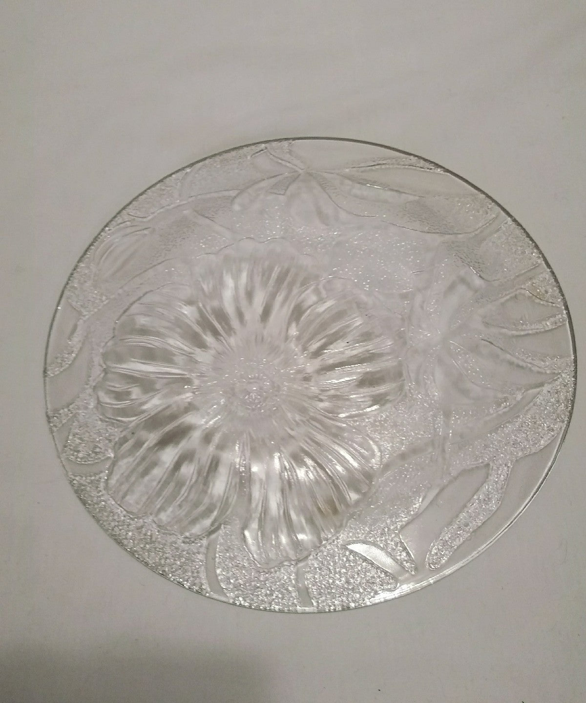 Clear Glass Round Serving Tray Plate with Etched Floral Design 10"