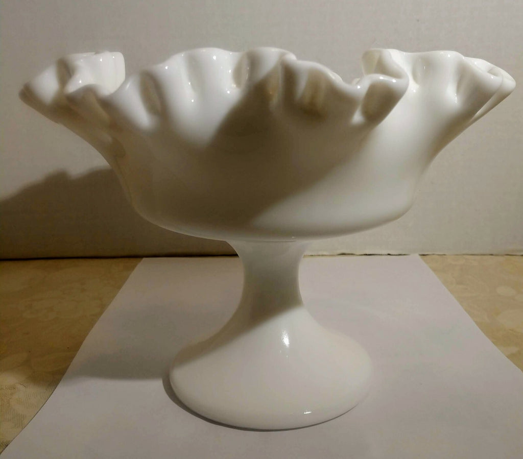 Vintage Milk Glass Candy Compote Dish On Pedestal Ruffled Edge