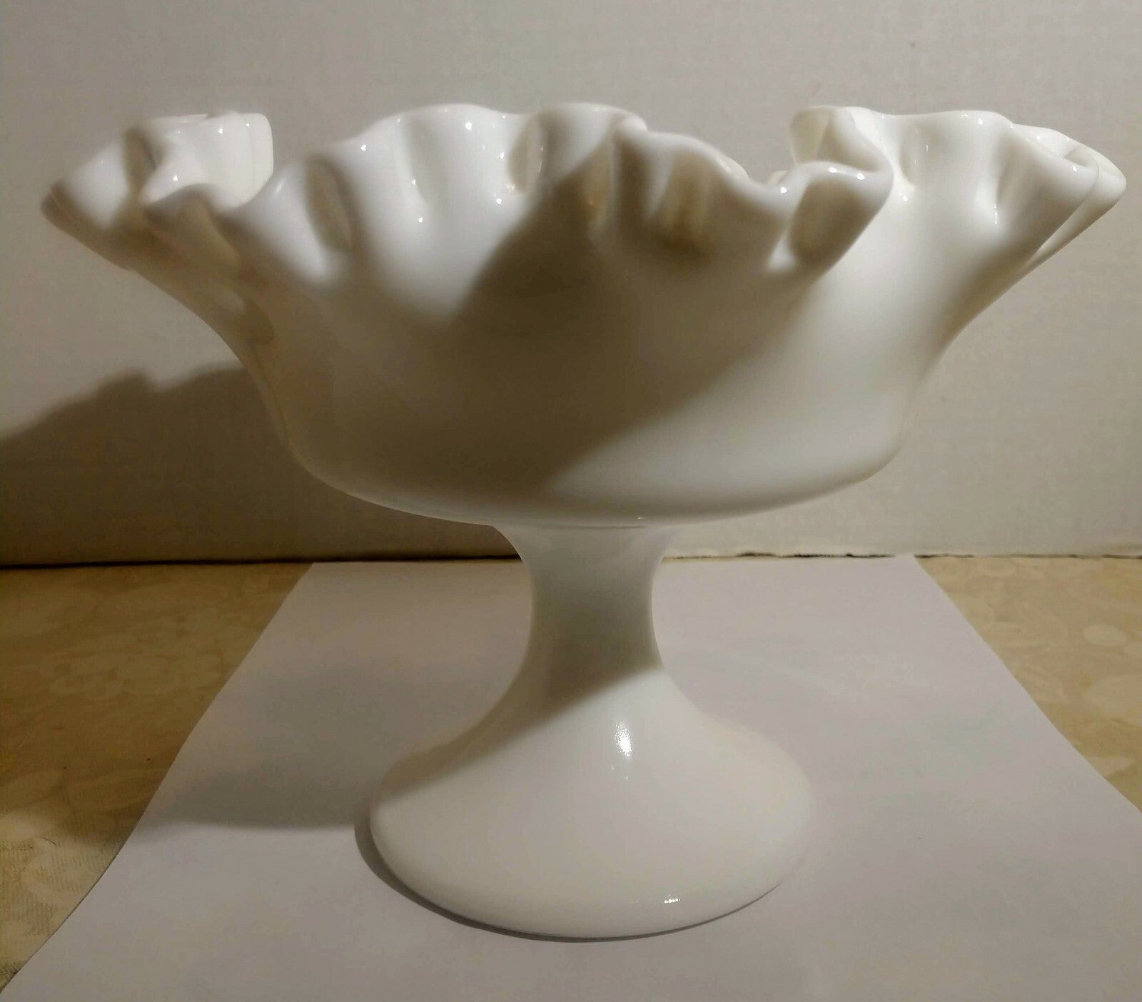 Vintage Milk Glass Candy Compote Dish On Pedestal Ruffled Edge
