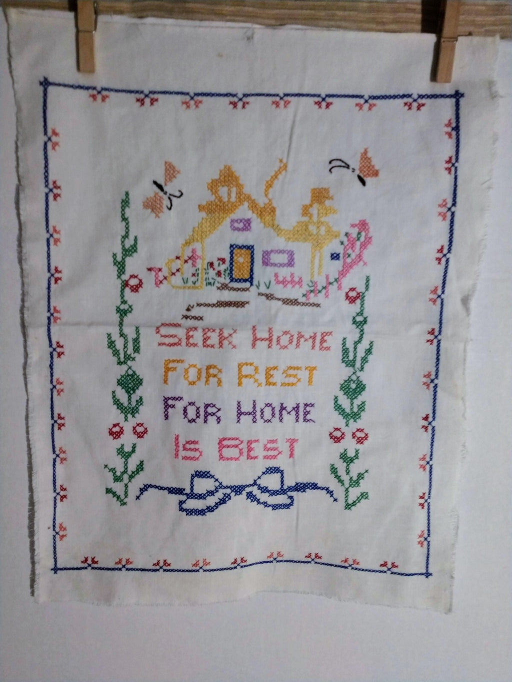 Vintage Embroidered Cross Stitch Unframed Seek Home Wall Hanging